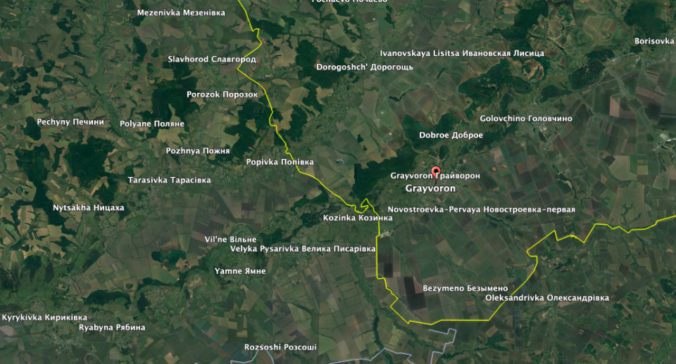 Parts of Grayvoron, about five miles from the border with Ukraine, were still controlled by pro-Ukrainian forces, the <em>Mash</em> media outlet reported Tuesday. (Google Earth image)