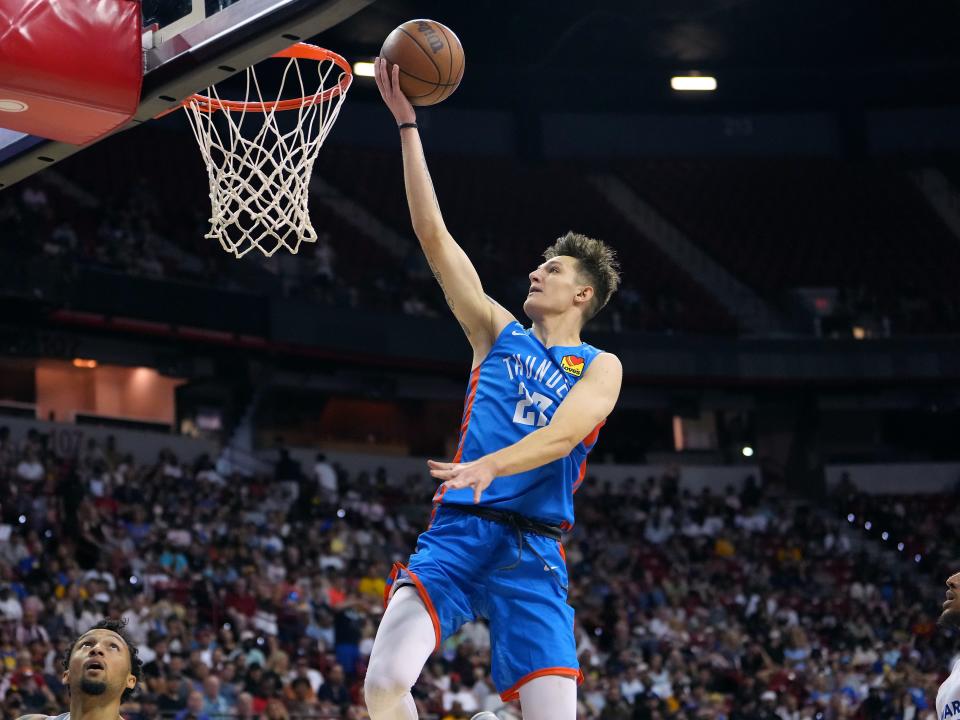 Jul 15, 2022; Las Vegas, NV, USA; Oklahoma City Thunder guard Vit Krejci (27) shoots against the Golden State Warriors during an NBA Summer League game at Thomas & Mack Center. Mandatory Credit: Stephen R. Sylvanie-USA TODAY Sports ORG XMIT: IMAGN-493521 ORIG FILE ID:  20220715_tbs_cs1_039.JPG