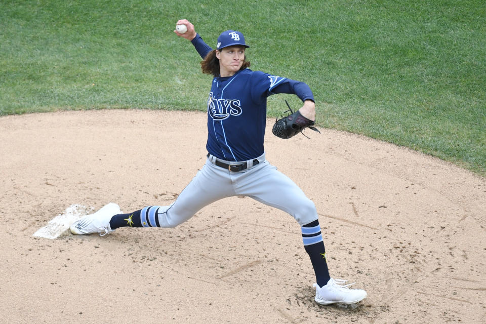 CLEVELAND, OH - OCTOBER 8, 2022: Tyler Glasnow #20 of the Tampa Bay Rays throws a pitch during the second inning of game 2 of the wild card series against the Cleveland Guardians at Progressive Field on October 8, 2022 in Cleveland, Ohio. (Photo by George Kubas/Diamond Images via Getty Images)