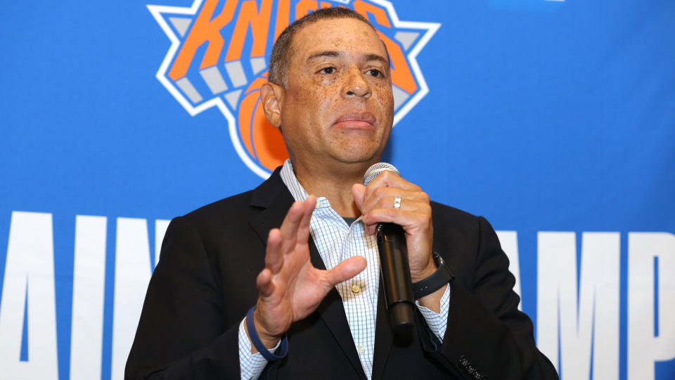 Sep 30, 2019; New York, NY, USA; New York Knicks general manager Scott Perry speaks to the media during media day at the MSG training center in Greenburgh, NY.