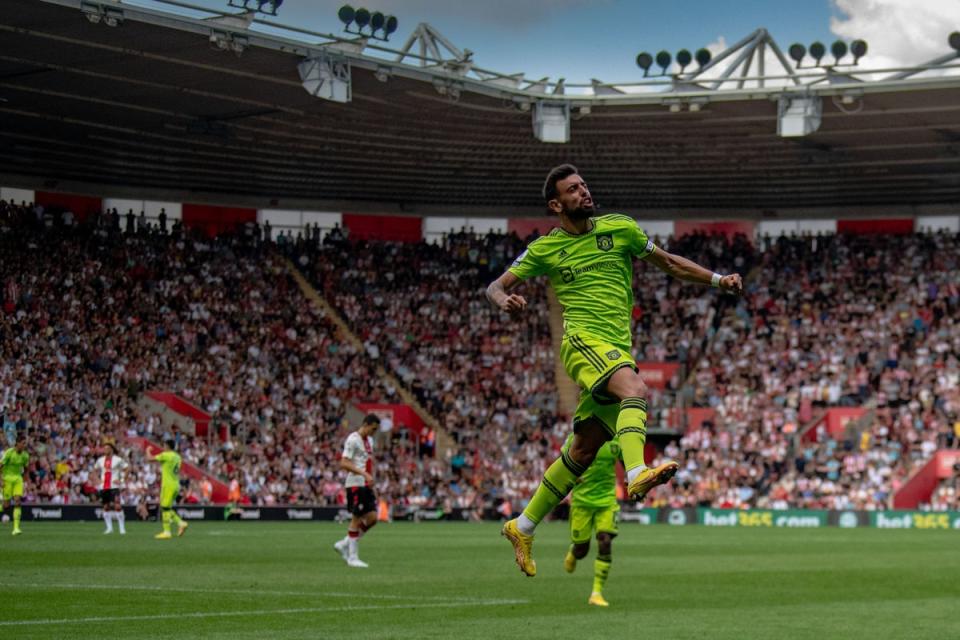 Bruno Fernandes volleyed home Manchester United’s winner against Southampton (Manchester United via Getty Imag)