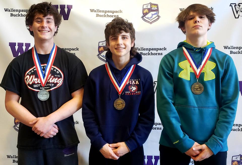All smiles! Three Paupack grapplers who earned District 2 Class AAA medals last year posed for the TCI Sports camera (from left): Hank Baronowski, Gunnar Myers, Xaiden Schock.