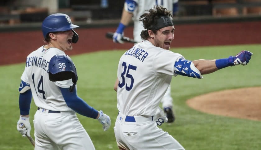 Arlington, Texas, Sunday, October 18, 2020. Los Angeles Dodgers center fielder Cody Bellinger (35) homers in the seventh inning in game seven of the NLCS at Globe Life Field. (Robert Gauthier/ Los Angeles Times)