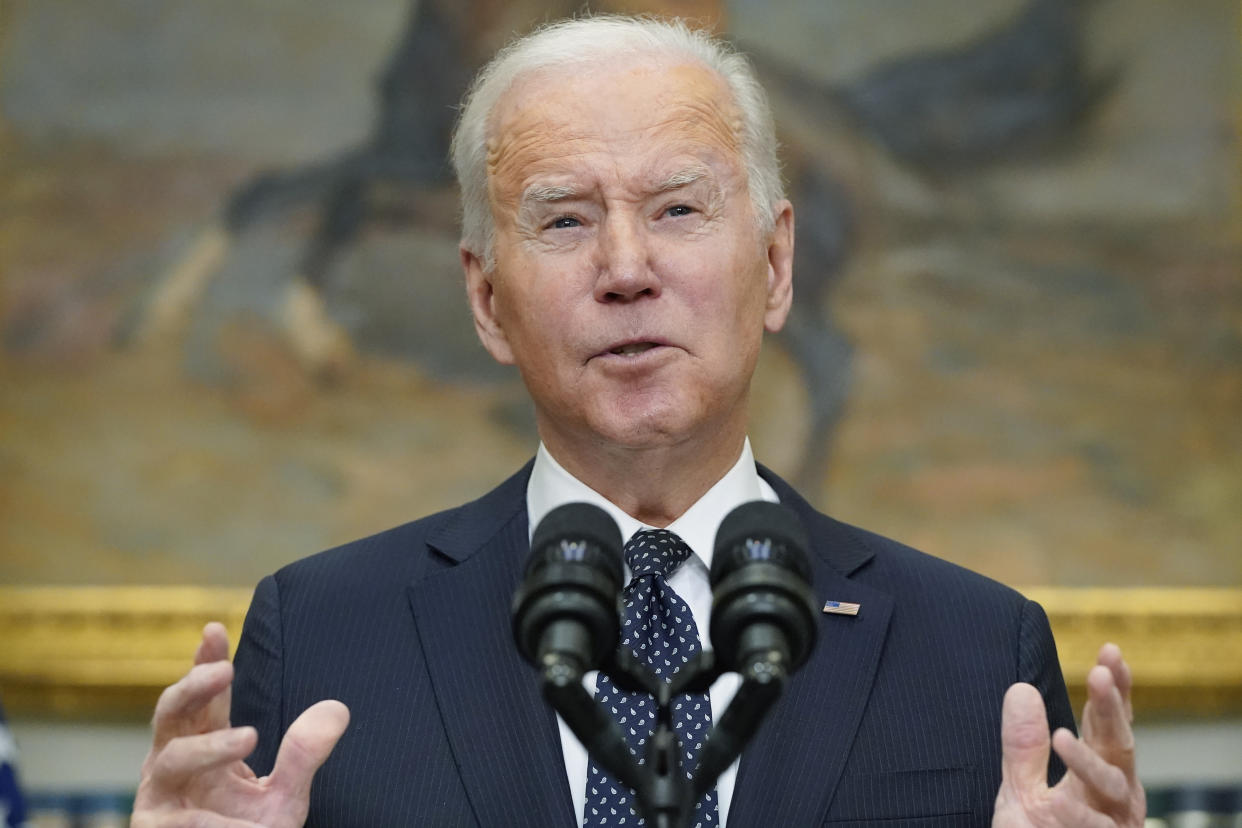 President Joe Biden speaks about Ukraine in the Roosevelt Room of the White House, Friday, Feb. 18, 2022, in Washington. (AP Photo/Alex Brandon)