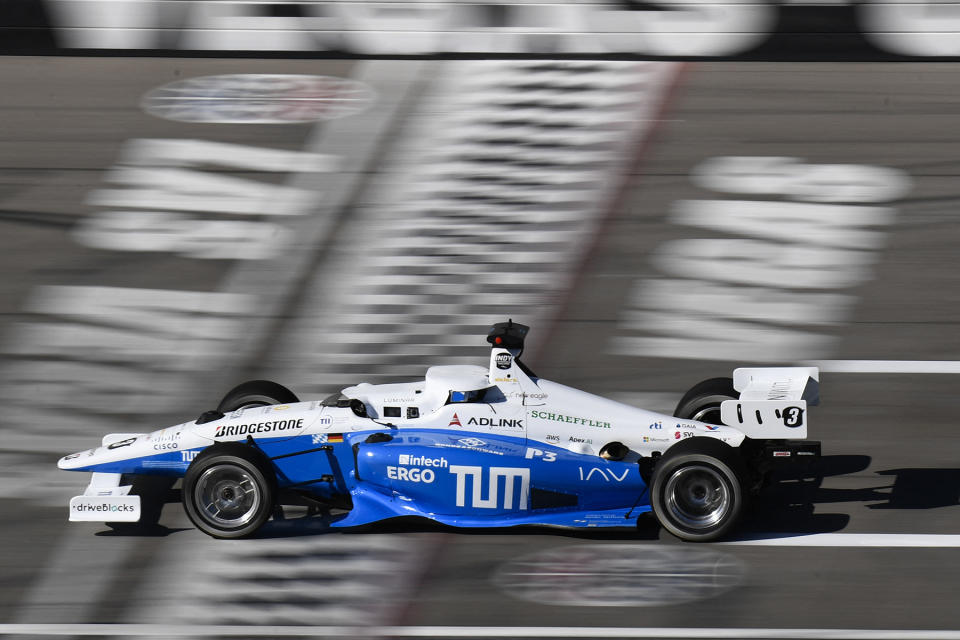 The TUM Autonomous Motorsport race car from the Technische Universität München drives during the Indy Autonomous Challenge during the Consumer Electronics Show (CES) at the Las Vegas Motor Speedway on January 7, 2022