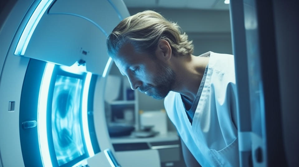 A radiographer looking through the viewfinder of a MRI machine.