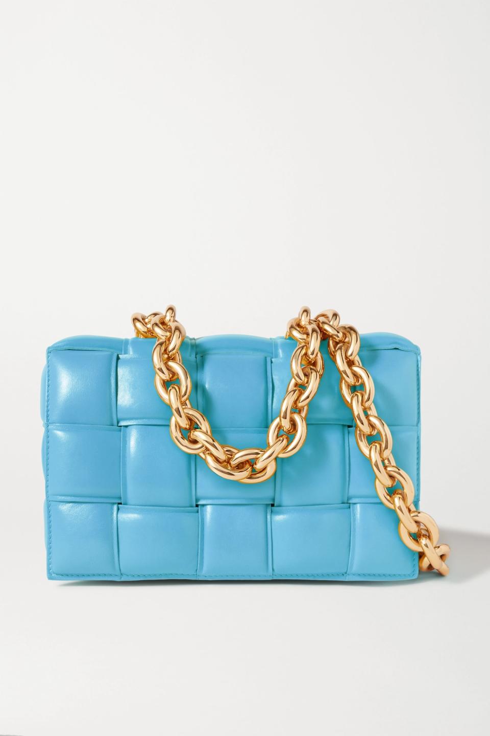 Cassette chain-embellished padded intrecciato leather shoulder bag