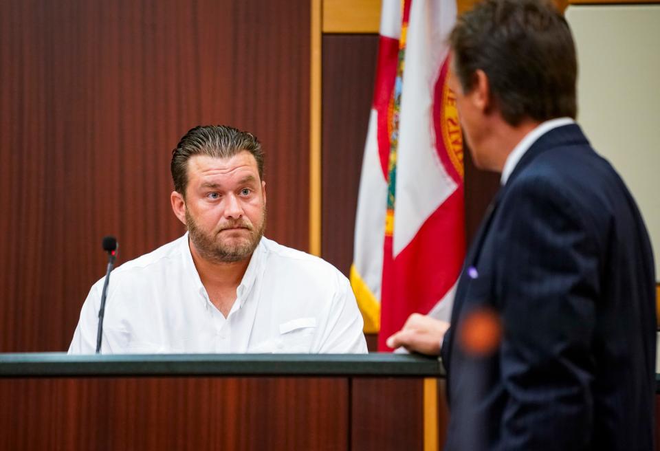 Witness Josh Lukitsch is questioned by Assistant State Attorney Andreas Gardiner during Wade Wilson’s murder trial at the Lee County Courthouse in Fort Myers on Monday, June 10, 2024.