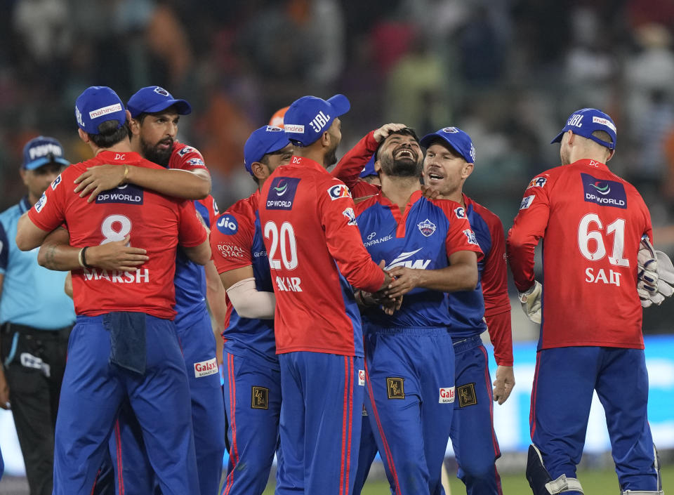 Delhi Capitals players celebrate their win against Sunrisers Hyderabad during the Indian Premier League (IPL) cricket match, in Hyderabad, India, Monday, April 24, 2023. (AP Photo/Mahesh Kumar A.)
