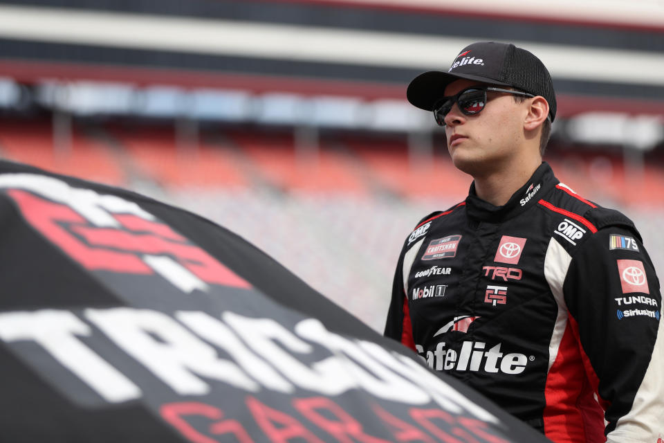 BRISTOL, TENNESSEE - SEPTEMBER 14: Corey Heim, driver of the #11 Safelite Toyota, looks on during practice for the NASCAR Craftsman Truck Series UNOH 200 presented by Ohio Logistics at Bristol Motor Speedway on September 14, 2023 in Bristol, Tennessee. (Photo by Meg Oliphant/Getty Images)