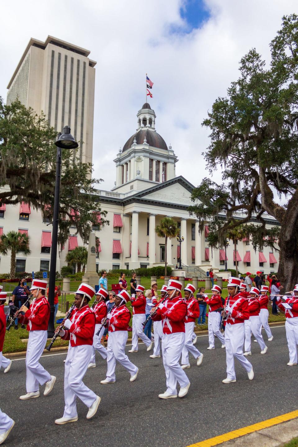 Leon High School’s Marching Redcoats in the 2021 Veterans Day parade.