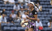 Elise Mertens, of Belgium, reacts after winning a point against Kristie Ahn, of the United States, during the fourth round of the US Open tennis championships Monday, Sept. 2, 2019, in New York. (AP Photo/Sarah Stier)