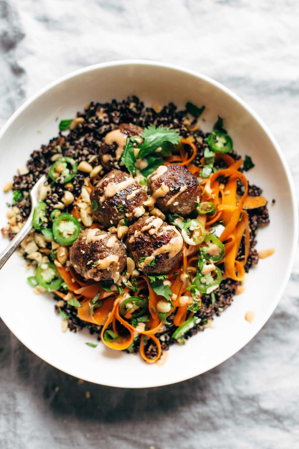 <p>If you love a good banh mi but feel like the bread gets in the way of the good stuff, this bowl is for you. </p><p><em><a href="http://recipesheaven.com/banh-mi-bowls-with-lemongrass-meatballs" rel="nofollow noopener" target="_blank" data-ylk="slk:Get the recipe from Recipes Heaven »;elm:context_link;itc:0;sec:content-canvas" class="link "><span class="redactor-invisible-space">Get the recipe from Recipes Heaven »</span> </a></em><br></p>