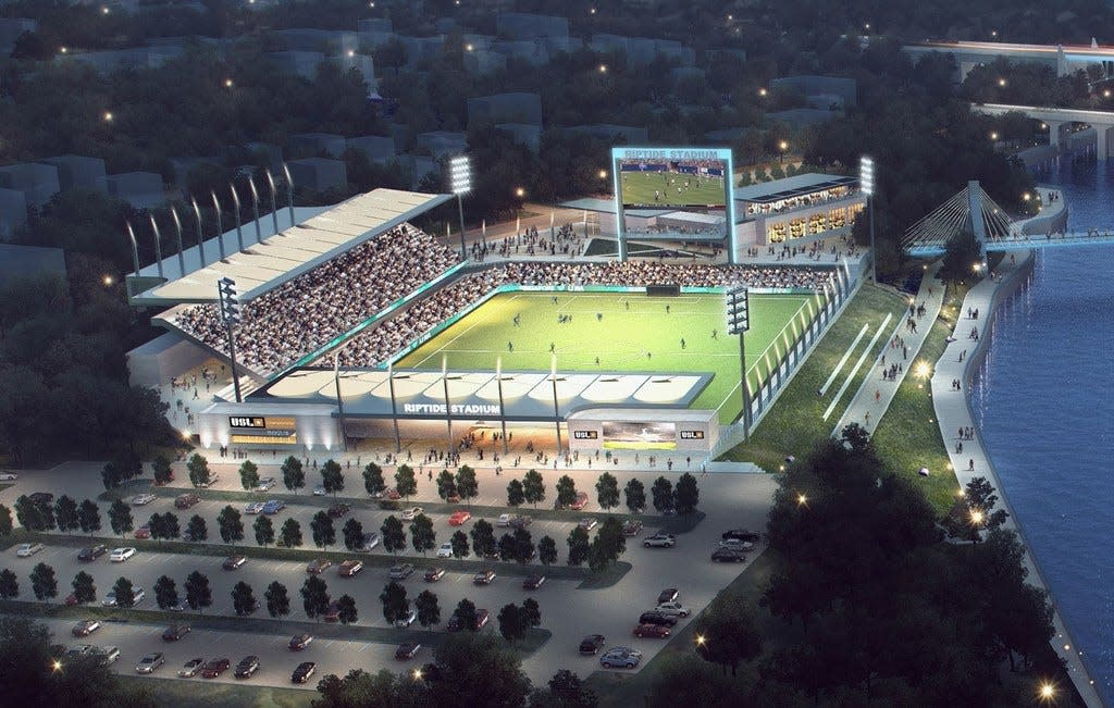 A rendering of the proposed soccer stadium on the site of a former gas plant in Pawtucket.