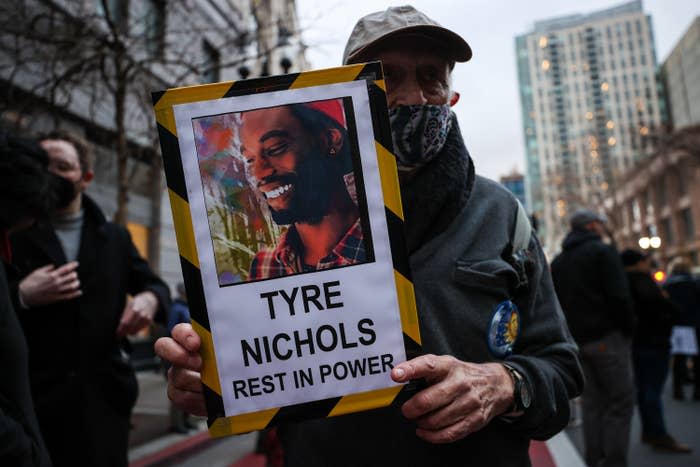 Crowds gather in Oakland to protest Tyre Nichols's killing by Memphis police on Jan. 29, 2023. 