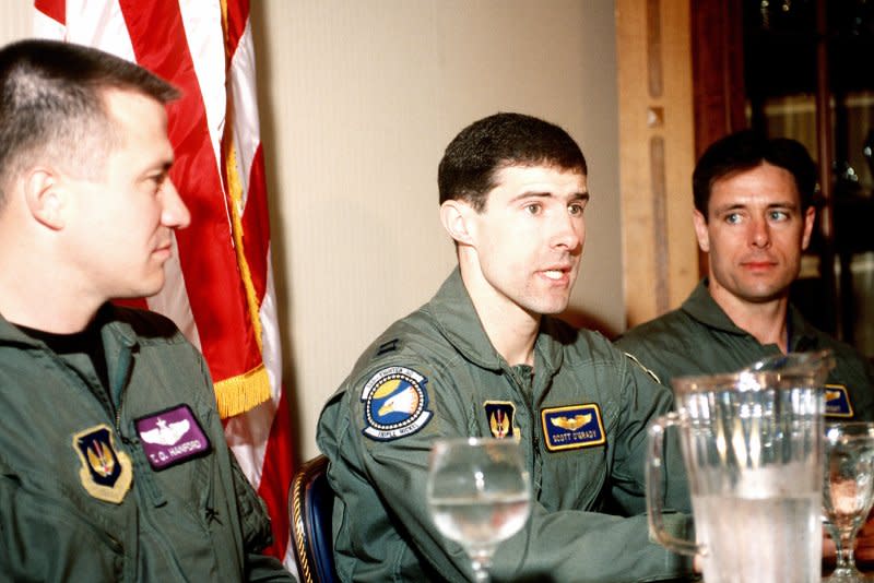 US Air Force Captains T.O. Hanford (L), Scott F. O'Grady (C) and Bob Wright speak at a news conference on June 10, 1995. On June 2, 1995, O'Grady's F-16 Fighting Falcon was shot down over Bosnia while he was flying in support of Operation Deny Flight. File Photo by Senior Airman Tana R. Hamilton/Department of Defense