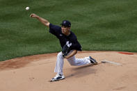 New York Yankees pitcher Masahiro Tanaka delivers a pitch during a baseball a workout at Yankee Stadium in New York, Saturday, July 4, 2020. (AP Photo/Adam Hunger)