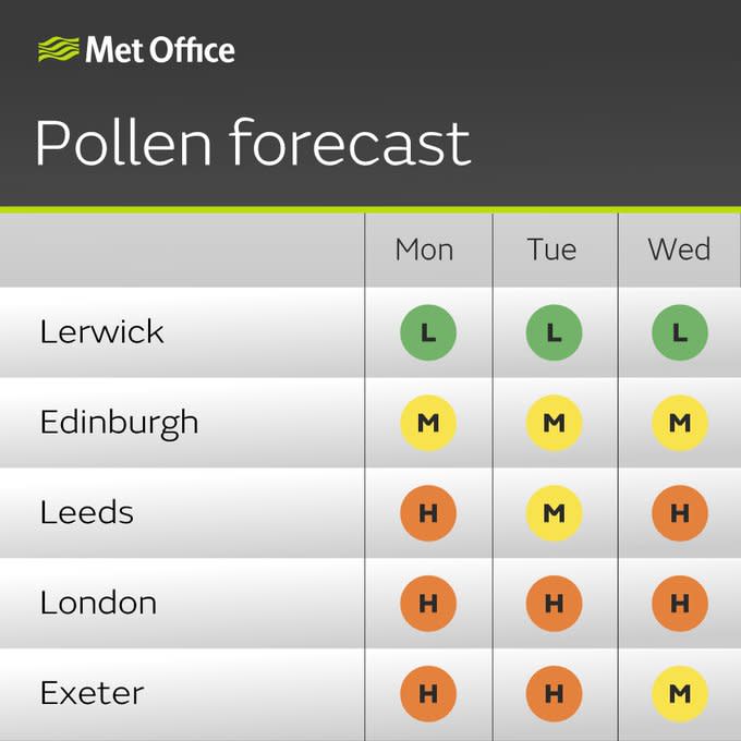 The pollen count is predicted to be high across much of the UK this week (Met Office)