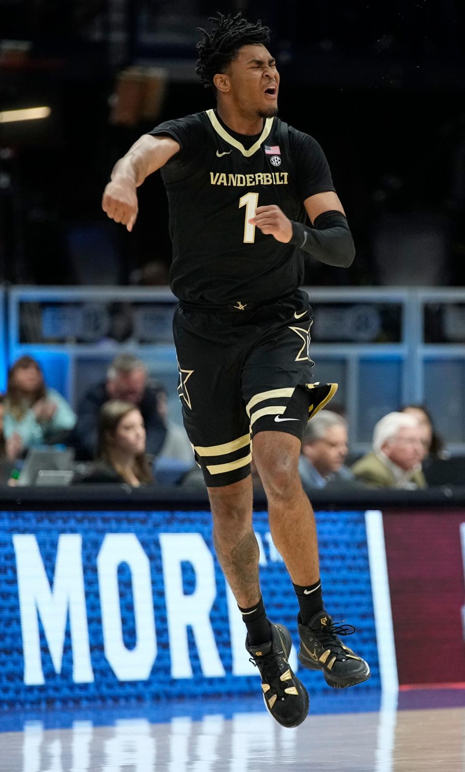 Vanderbilt forward Colin Smith (1) celebrates a three point basket against Texas A&M during the second half of a semifinal SEC Men’s Basketball Tournament game at Bridgestone Arena Saturday, March 11, 2023, in Nashville, Tenn. 