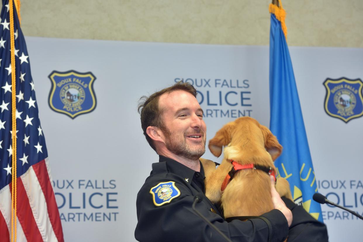 Sioux Falls Police Chief Jon Thum smiles as he holds 14-week-old golden retriever, Leo, a new therapy dog for officers at a daily media briefing on April 27, 2023.