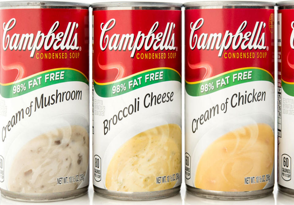 Three cans of Campbell's soup.
