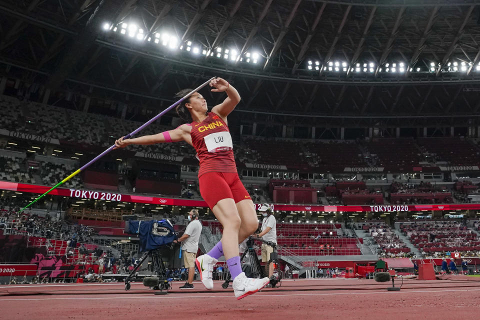 Shiying Liu, of China, competes in the women's javelin throw final at the 2020 Summer Olympics, Friday, Aug. 6, 2021, in Tokyo. (AP Photo/David J. Phillip)