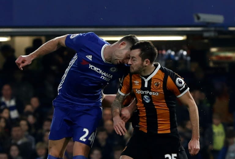 Hull City midfielder Ryan Mason (right) required surgery after a clash of heads with Chelsea defender Gary Cahill at Stamford Bridge in London, on January 22, 2017