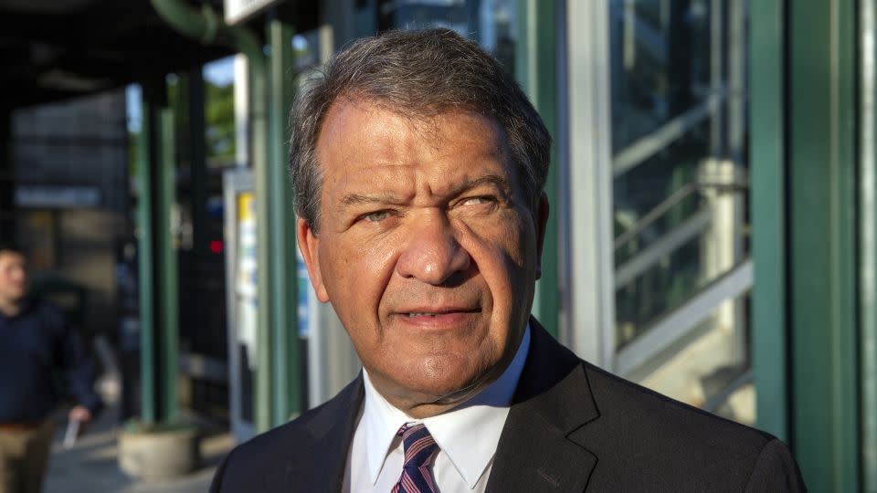 Westchester County Executive George Latimer campaigns at a train station in White Plains, New York, on June 13, 2024. - Ted Shaffrey/AP