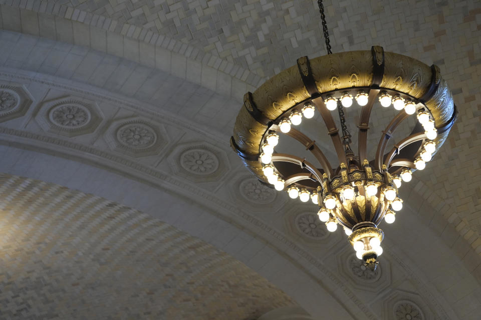 The ceiling of the Michigan Central Station is seen, Monday, May 13, 2024 in Detroit. A once hulking scavenger-ravaged monolith that symbolized Detroit's decline reopens this week after a massive six-year multimillion dollar renovation by Ford Motor Co., which restored the Michigan Central Station to its past grandeur with a focus squarely on the future of mobility. (AP Photo/Carlos Osorio)