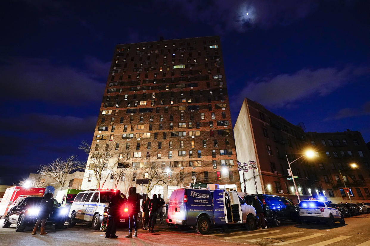 An apartment building which suffered the city's deadliest fire in three decades is seen in the Bronx borough of New York, Monday, Jan. 10, 2022. (AP Photo/Matt Rourke)