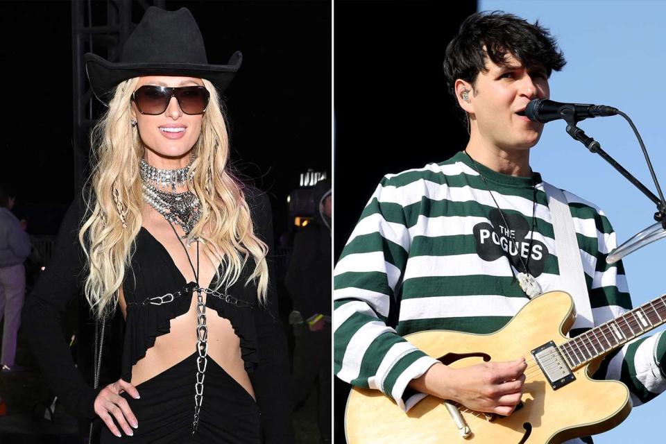 <p>Gilbert Flores/WWD via Getty; Amy Sussman/Getty</p> Paris Hilton joined Ezra Koenig of Vampire Weekend onstage at Coachella 2024