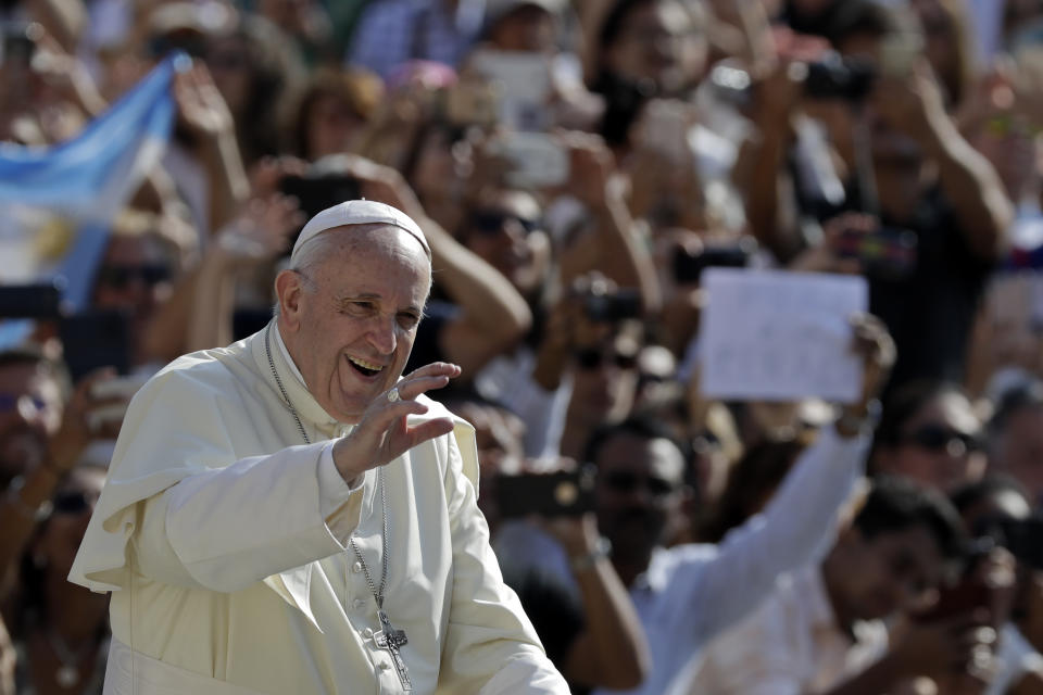 Pope Francis salutes as he arrives for his weekly general audience, at the Vatican, Wednesday, Aug. 29, 2018. (AP Photo/Andrew Medichini)