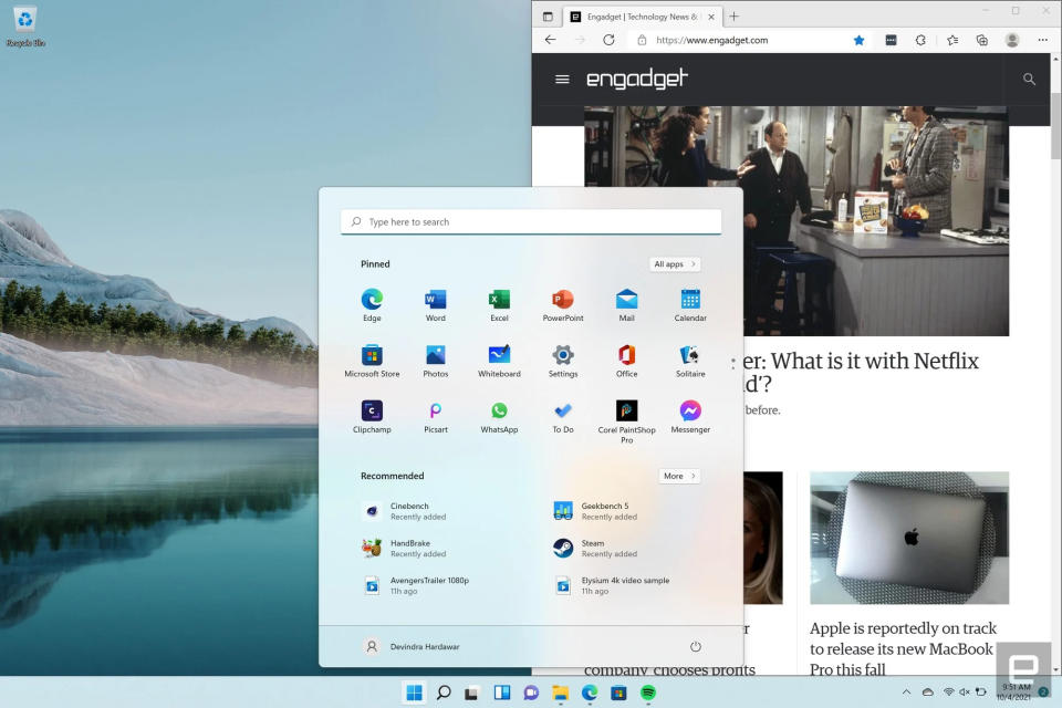 A screenshot of the Windows 11 desktop with a browser showing the Engadget homepage snapped to the right half of the screen.