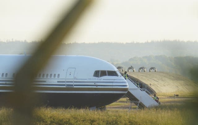 A Boeing 767 aircraft at MoD Boscombe Down, near Salisbury, which is believed to be the plane set to take asylum seekers from the UK to Rwanda