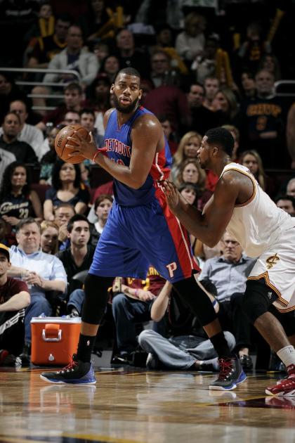 CLEVELAND, OH - APRIL 13: Greg Monroe #10 of the Detroit Pistons handles the ball against the Cleveland Cavaliers at The Quicken Loans Arena on April 13, 2015 in Cleveland, Ohio. (Photo by David Liam Kyle/NBAE via Getty Images)