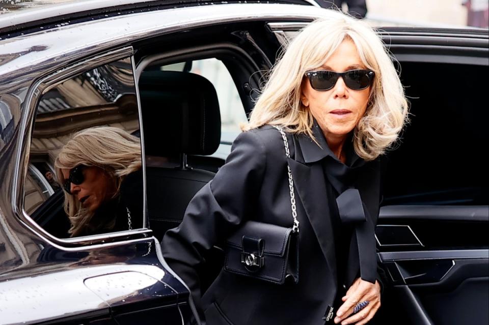 Brigitte Macron, wife of French President Emmanuel Macron, arrives to Jane Birkin's funerals ceremony (AP)