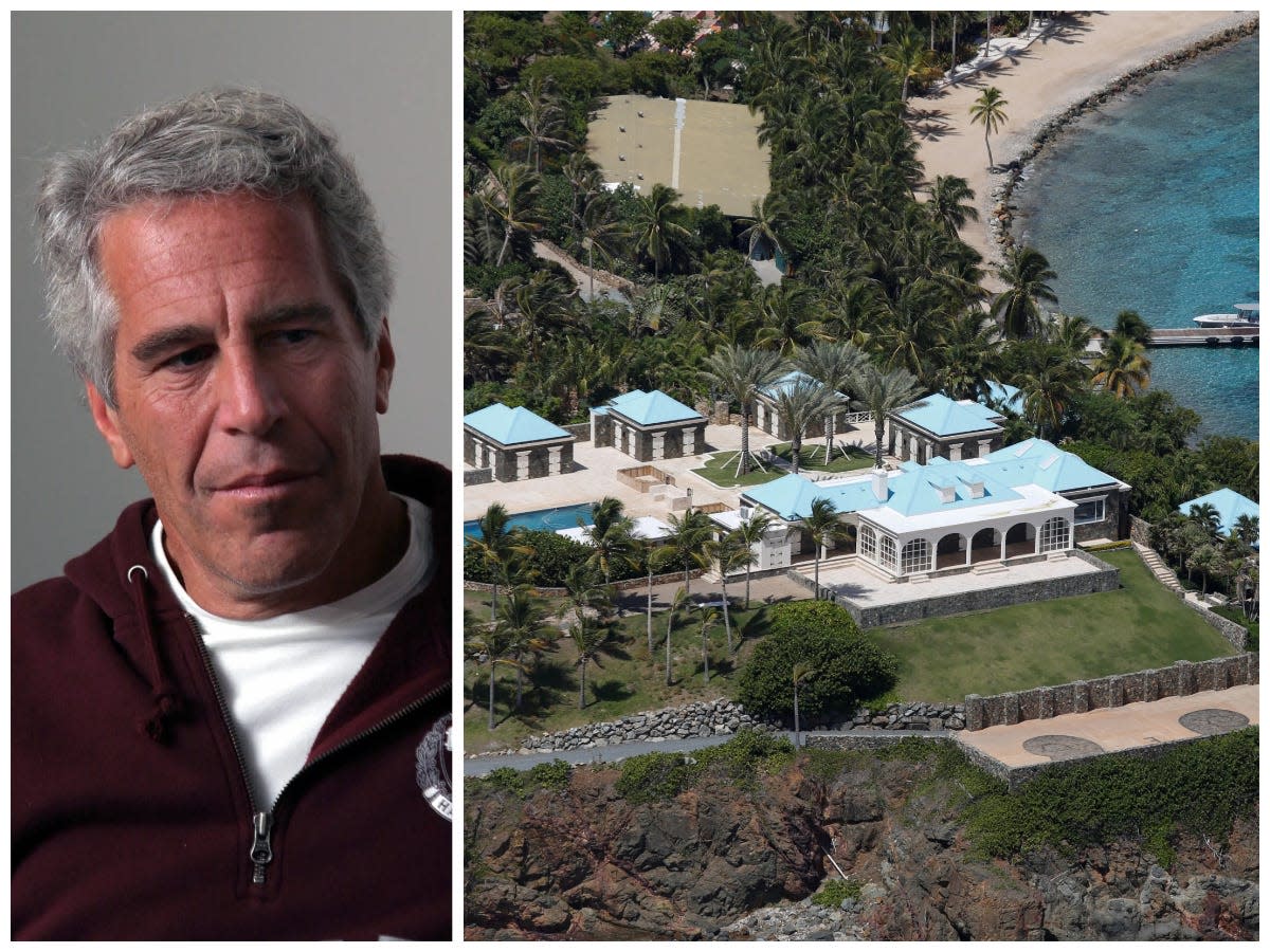 side-by-side image of Jeffrey Epstein and one of his two private islands in the Caribbean, Little.
