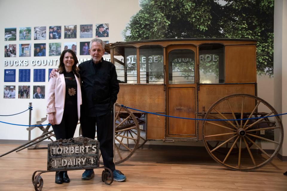 Christina Kahmar-McGinley, executive director of the BCCC Foundation, with Gene Epstein at Zlock Performing Arts Center at Bucks County Community College on Thursday, Jan. 12, 2022