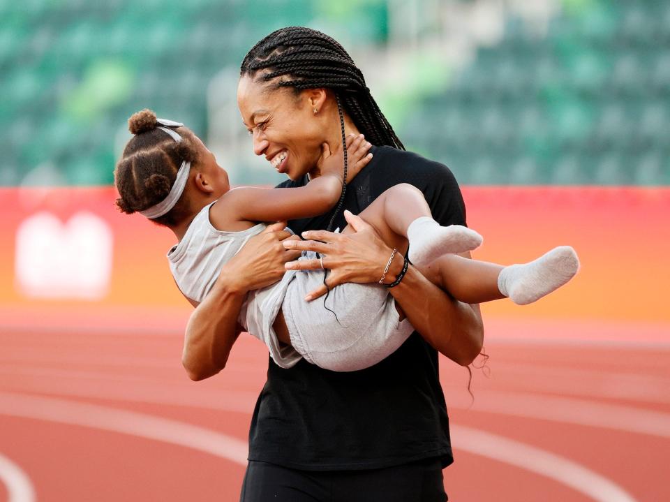 Allyson Felix celebrates with her daughter Camryn after day nine of the 2020 U.S. Olympic Track & Field Team Trials at Hayward Field on June 26, 2021 in Eugene, Oregon.