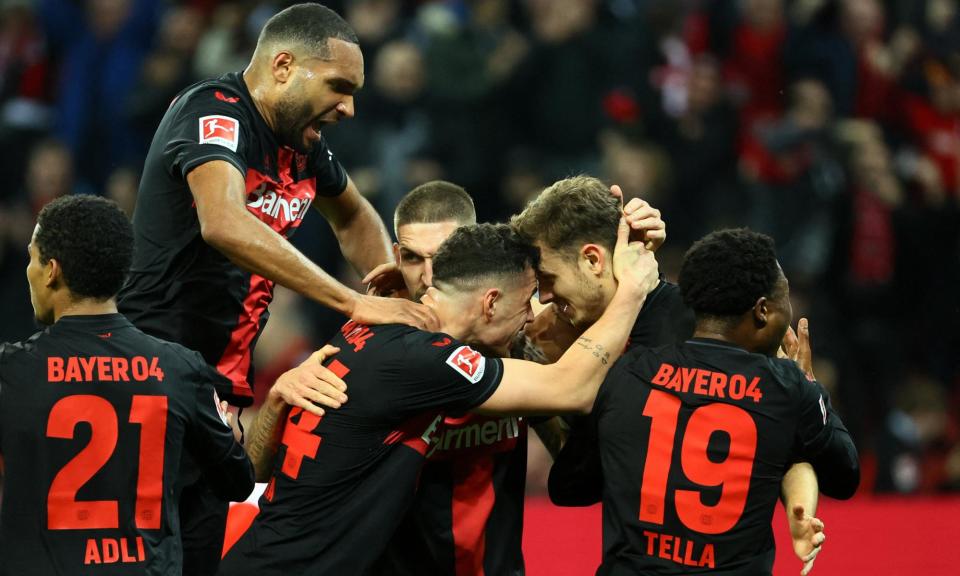 <span><a class="link " href="https://sports.yahoo.com/soccer/teams/bayer-04-leverkusen/" data-i13n="sec:content-canvas;subsec:anchor_text;elm:context_link" data-ylk="slk:Bayer Leverkusen;sec:content-canvas;subsec:anchor_text;elm:context_link;itc:0">Bayer Leverkusen</a> celebrate Josip Stanisic’s opening goal against <a class="link " href="https://sports.yahoo.com/soccer/teams/fc-bayern-münchen/" data-i13n="sec:content-canvas;subsec:anchor_text;elm:context_link" data-ylk="slk:Bayern;sec:content-canvas;subsec:anchor_text;elm:context_link;itc:0">Bayern</a> Munich.</span><span>Photograph: Wolfgang Rattay/Reuters</span>