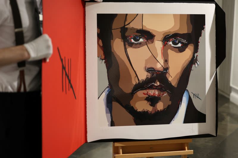 Self-portrait by actor Johnny Depp is pictured in Castle Fine Art Gallery in London