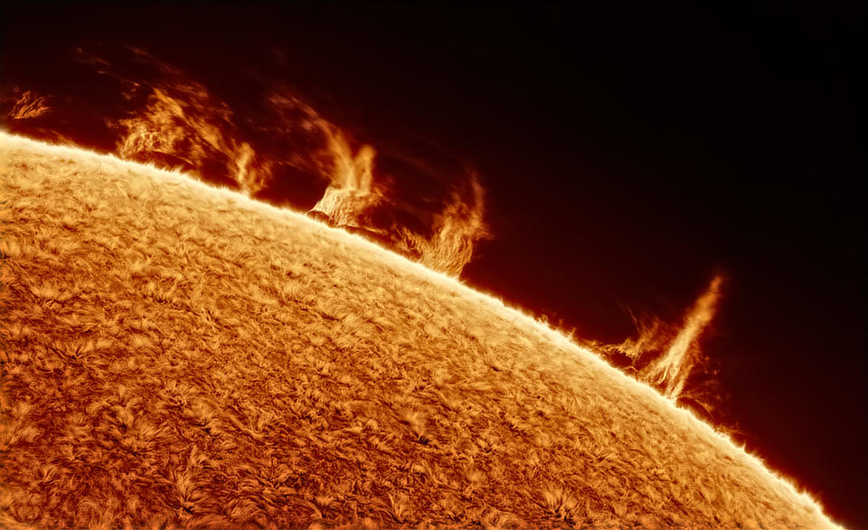 close up detailed views of the sun with a grassy looking orange surface and a series of fiery looking peaks stretching high above the solar limb.