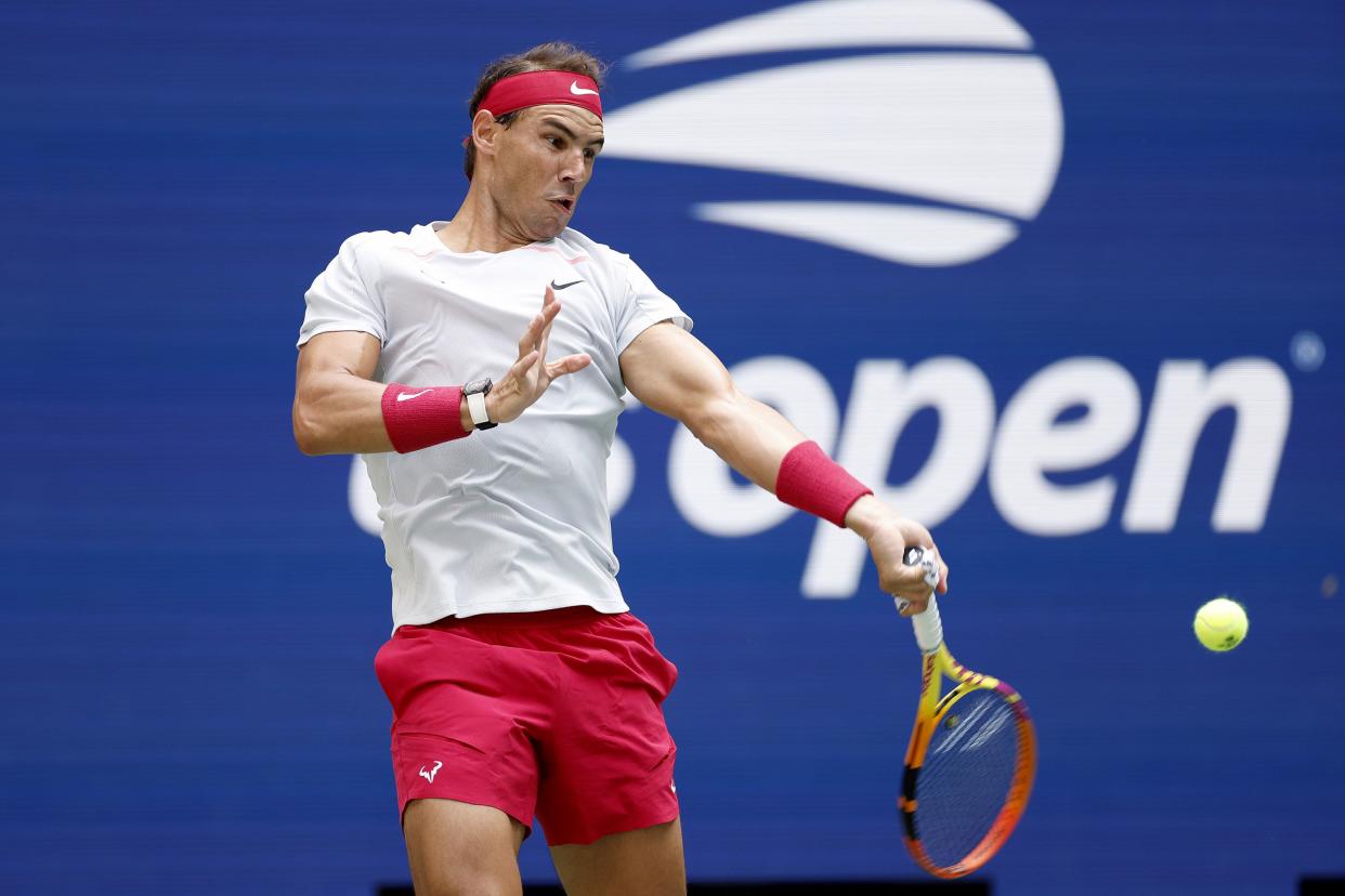Rafael Nadal of Spain returns a shot against Frances Tiafoe of the United States during their Men’s Singles Fourth Round match on Day Eight of the 2022 U.S. Open at USTA Billie Jean King National Tennis Center on Sept. 5, 2022, in Flushing, Queens.