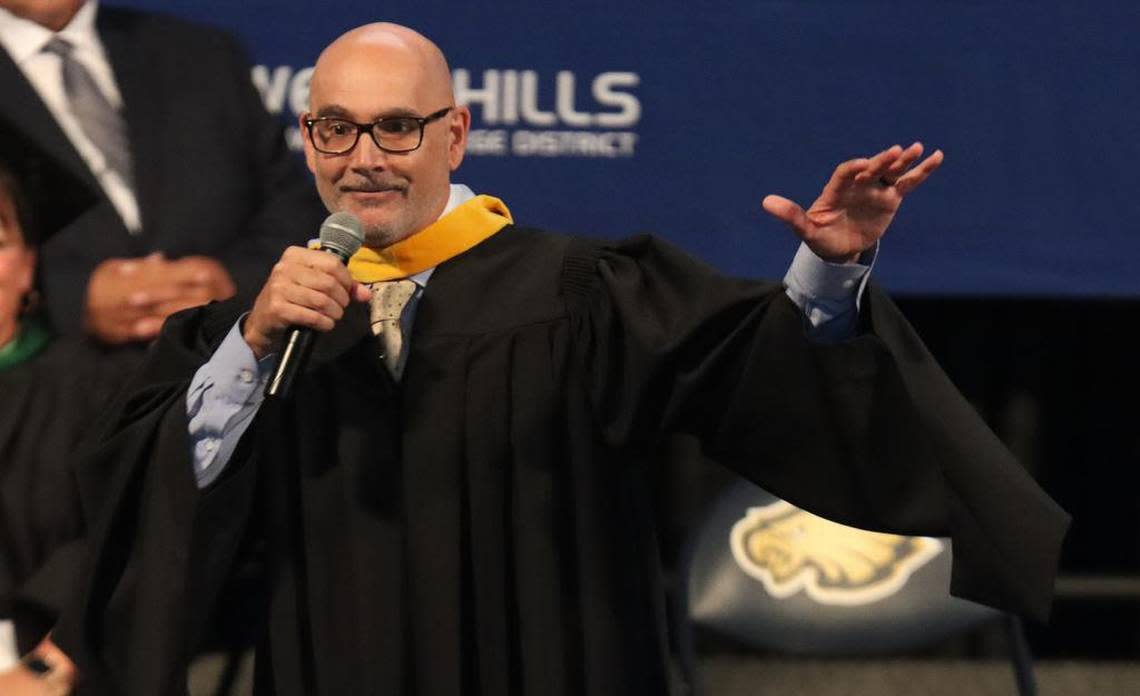 West Hills College Lemoore President James Preston spoke at the May 25, 2023 commencement at Golden Eagle Arena.