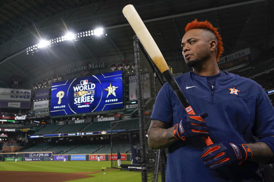 Houston Astros catcher Martin Maldonado watches during batting practice before Game 1 of baseball's World Series between the Houston Astros and the Philadelphia Phillies on Friday, Oct. 28, 2022, in Houston. (AP Photo/David J. Phillip)