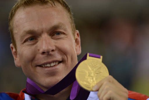 Great Britain's Chris Hoy celebrates with his gold medal on the podium during the victory ceremony for the Men's team sprint as part of the track cycling event of London 2012 Olympic games. Hoy could become Britain's most decorated Olympic champion when he lines up in track cycling's keirin event on August 7