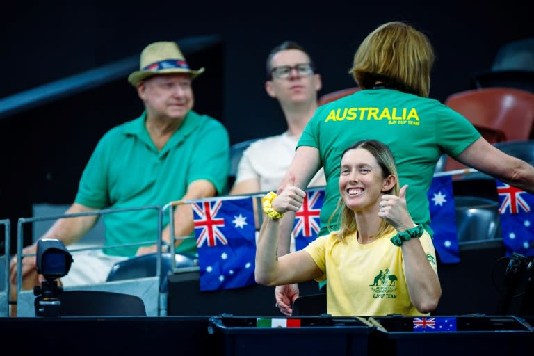 Injured Australian player Storm Hunter on the sidelines during the Billie Jean King Cup clash against <a class="link " href="https://sports.yahoo.com/soccer/teams/mexico/" data-i13n="sec:content-canvas;subsec:anchor_text;elm:context_link" data-ylk="slk:Mexico;sec:content-canvas;subsec:anchor_text;elm:context_link;itc:0">Mexico</a> (Patrick HAMILTON)