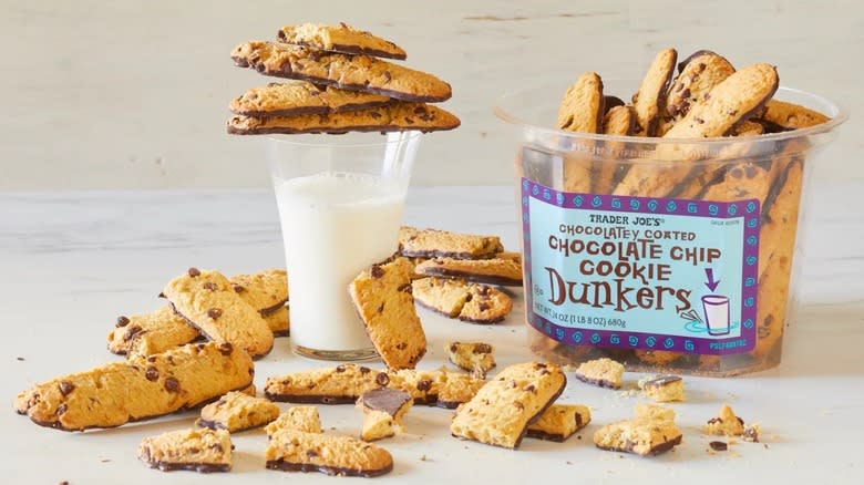 Trader Joe's chocolate chip cookie dunkers and milk