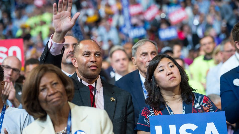 Jeffries and Rep. Grace Meng at the Wells Fargo Center in Philadelphia on the finaly night of the 2016 Democratic National Convention.  - Tom Williams/CQ Roll Call/Getty Images