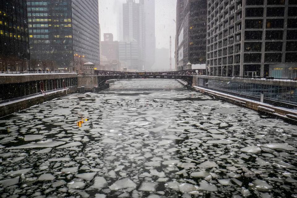 The Chicago River is full of ice, with more cold weather on the way.